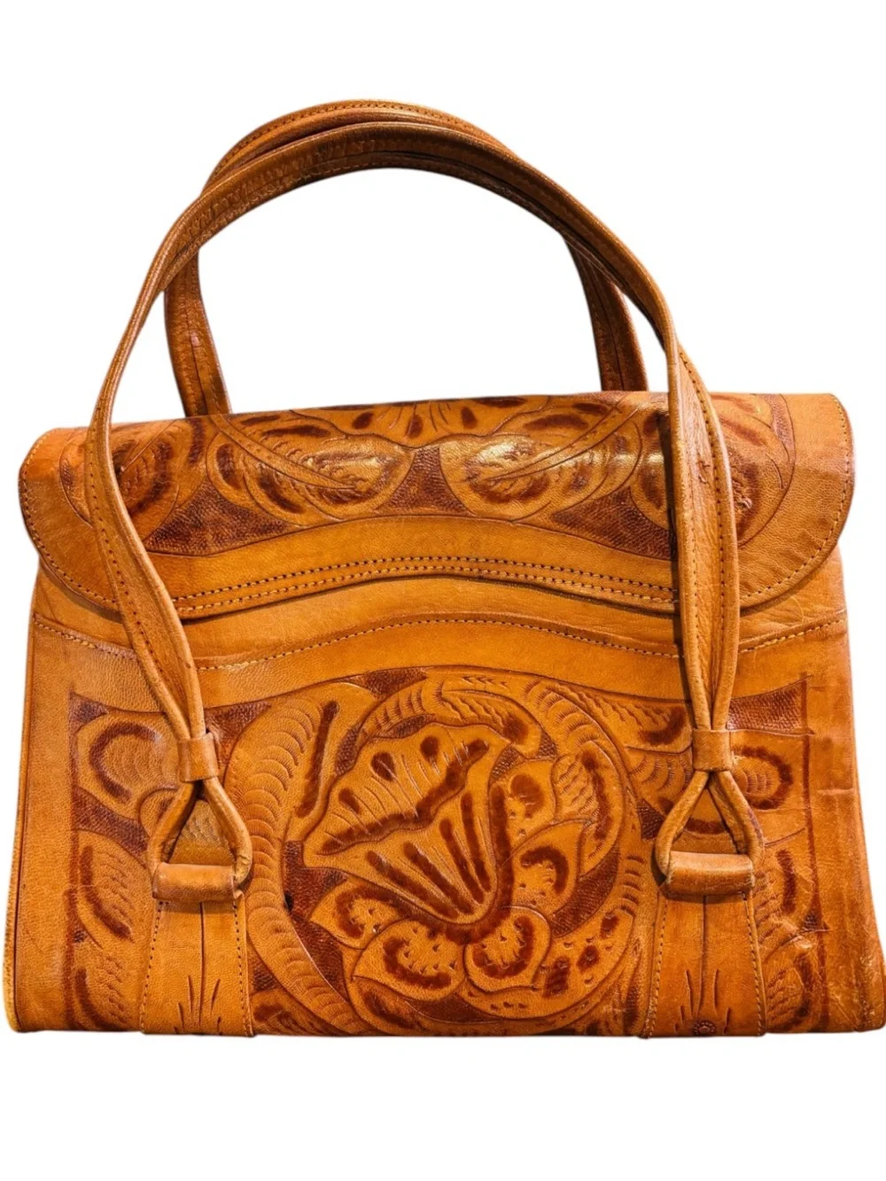 VINTAGE Hand- Tooled Leather Satchel Handbag featuring an Intricate Floral Motif